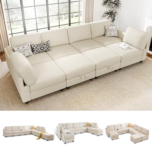 Modular Sectional Sofa Bed with Storage Ottoman, Beige H709781