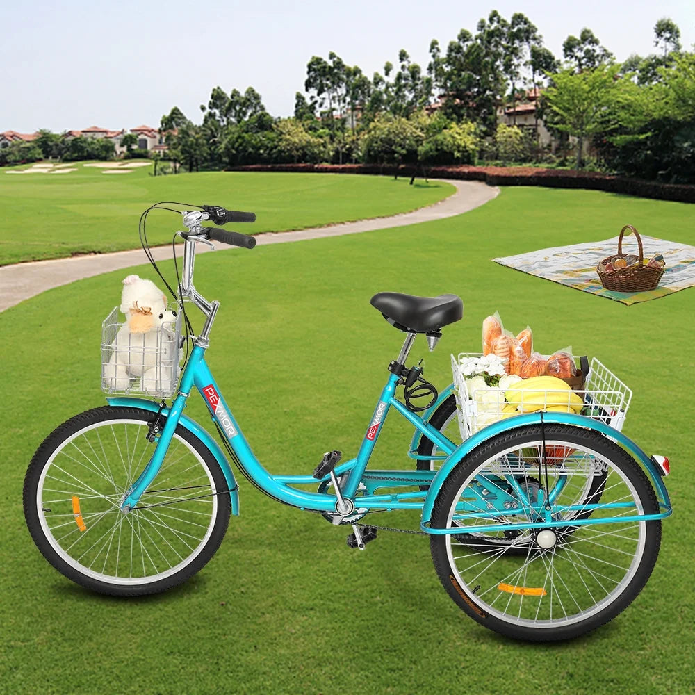 Adult Trike 7 Speed 24/26 Inch Three-Wheeled Cruiser Bike with Folding Front & Rear Basket Adjustable Height Seat R54578
