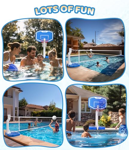 Swimming Pool Basketball & Volleyball Game Set with Hoop, Balls, Net, and Pump, BLUE W73837