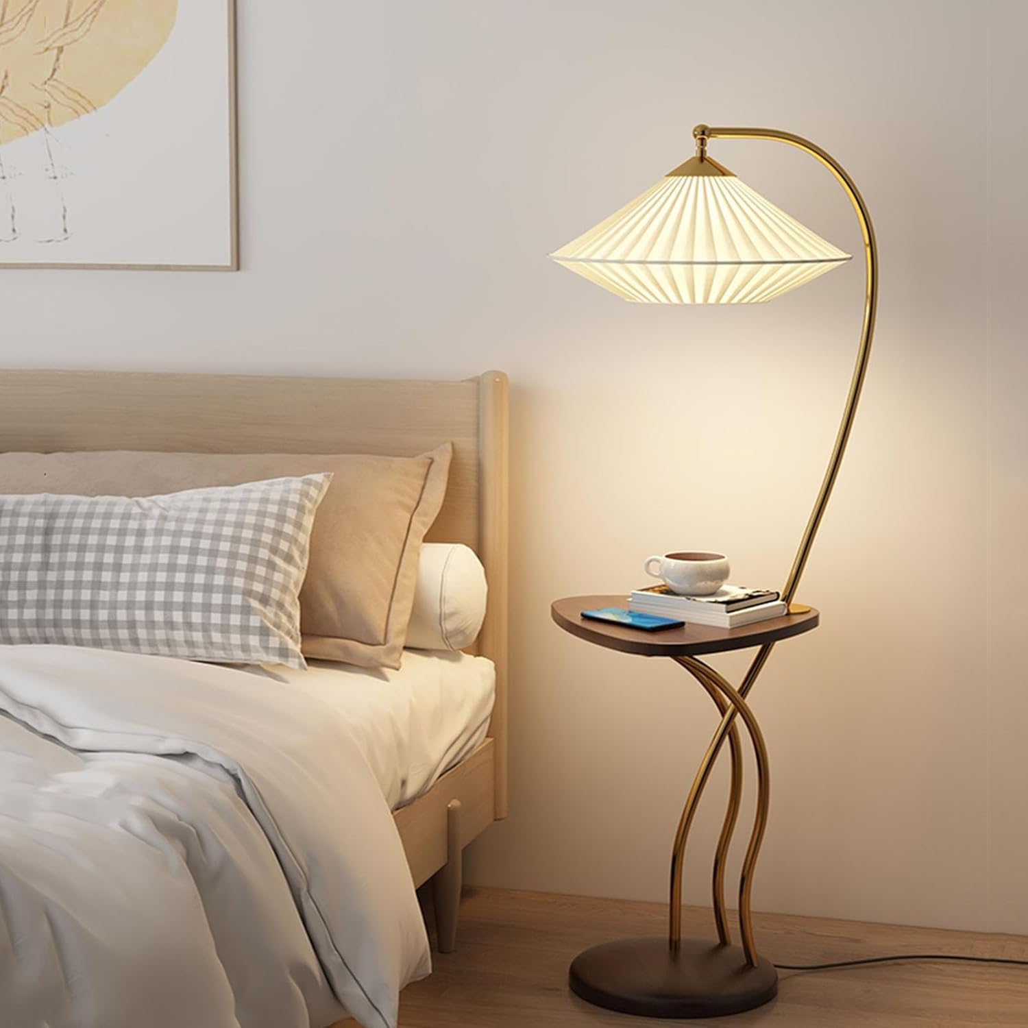 Mid Century Modern Floor Lamp with USB Charging Port and Wood Tray Table Z219948