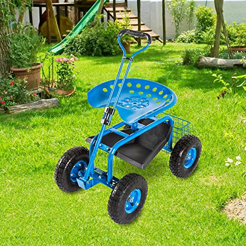 Garden Cart Rolling Work Seat with Tool Tray and Storage Basket on Wheels D605