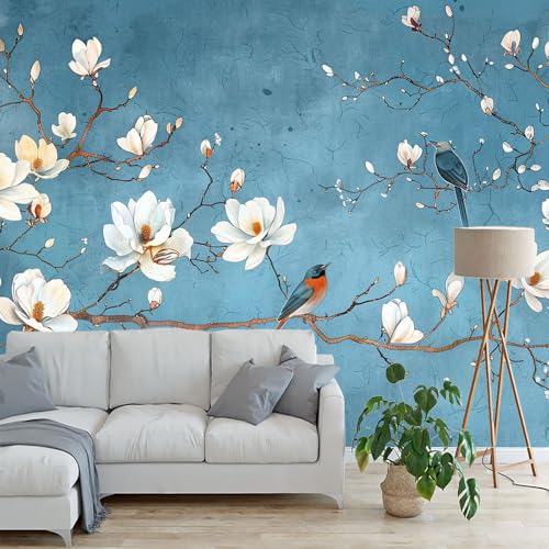 Beige Nordic Flowers Birds Wall Mural Wallpaper Q86614