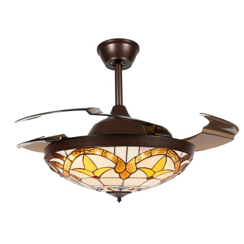 Tiffany Style Stained Glass Ceiling Fan with Light and Remote Control Y55629