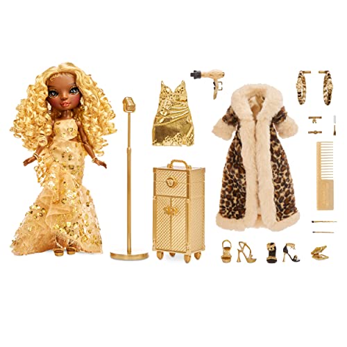 Gold Yellow Posable Fashion Doll with 2 Designer Outfits and Vanity Playset L8424