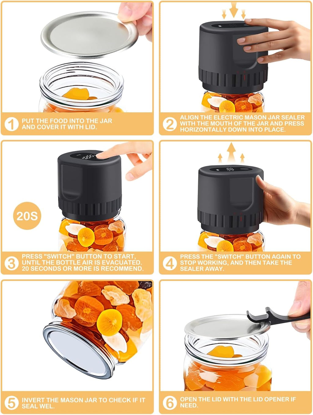 Black Cordless Handheld Mason Jar Vacuum Sealer Kit with Wide & Regular Mouth Lids E168