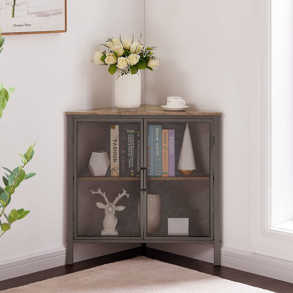 Brown and Black Corner Cabinet with Two Doors and Shelves Y65455
