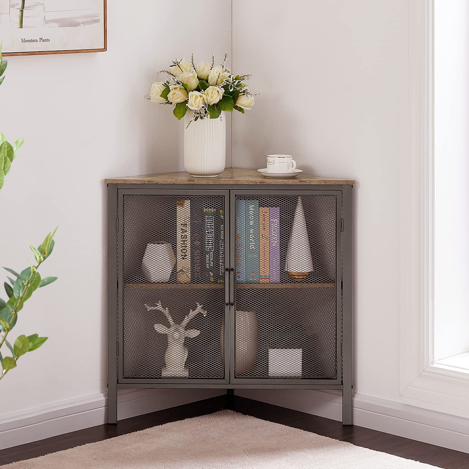 Brown and Black Corner Cabinet with Two Doors and Shelves Y65455