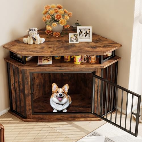 Rustic Brown Corner Wooden Dog Crate with 2-Tier Shelves A389397