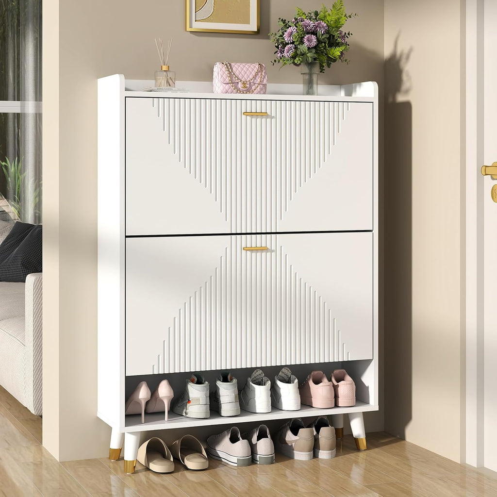 White Slim Shoe Storage Cabinet with Drawer U2946
