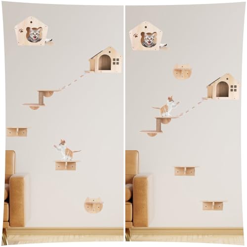 Cat Wall Shelves Set of 7 Wall Mounted Cat Furniture with Cat Scratching Post T7339