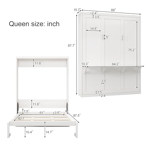 White Full Size Wood Murphy Bed with Desk D853