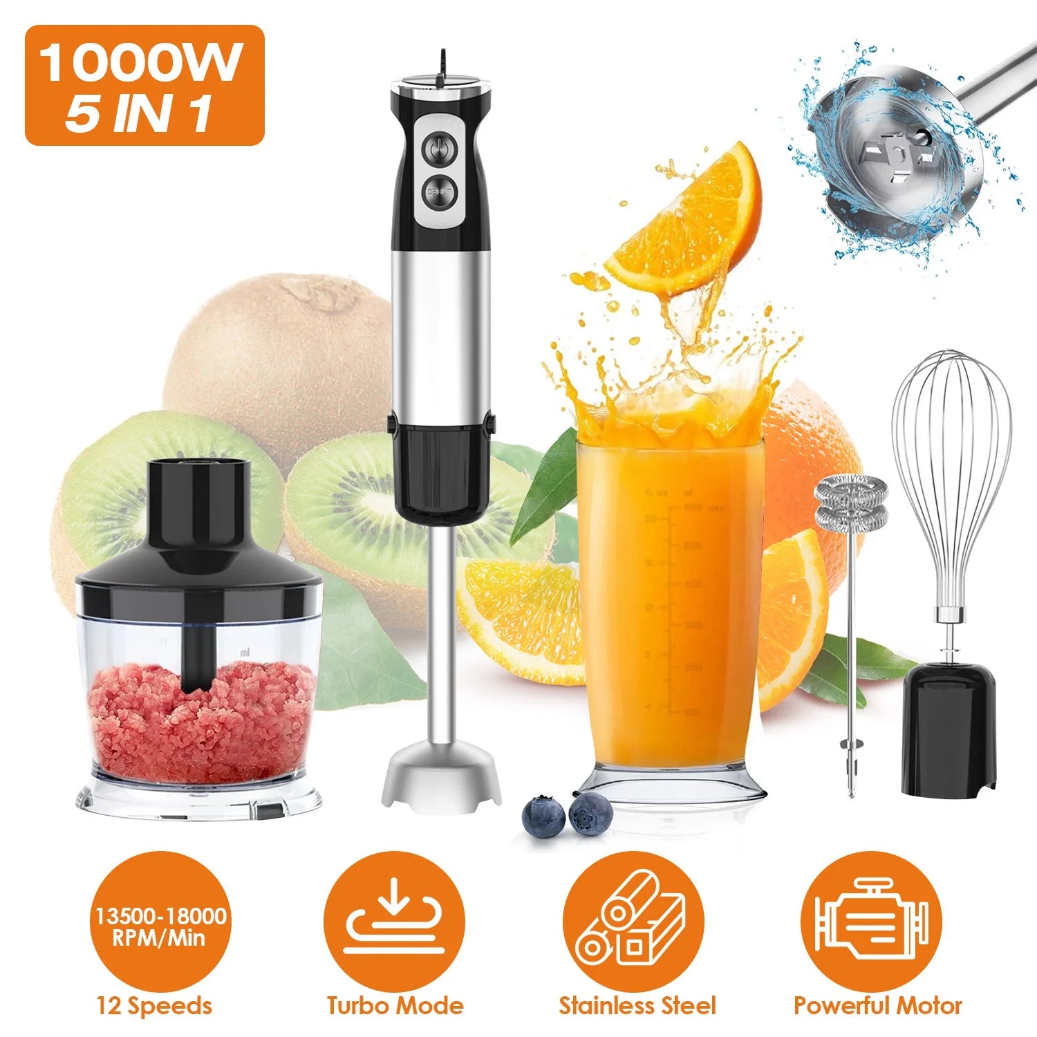 1000W 5 in 1 Stainless Steel Hand Blender with 12 Speeds B65359