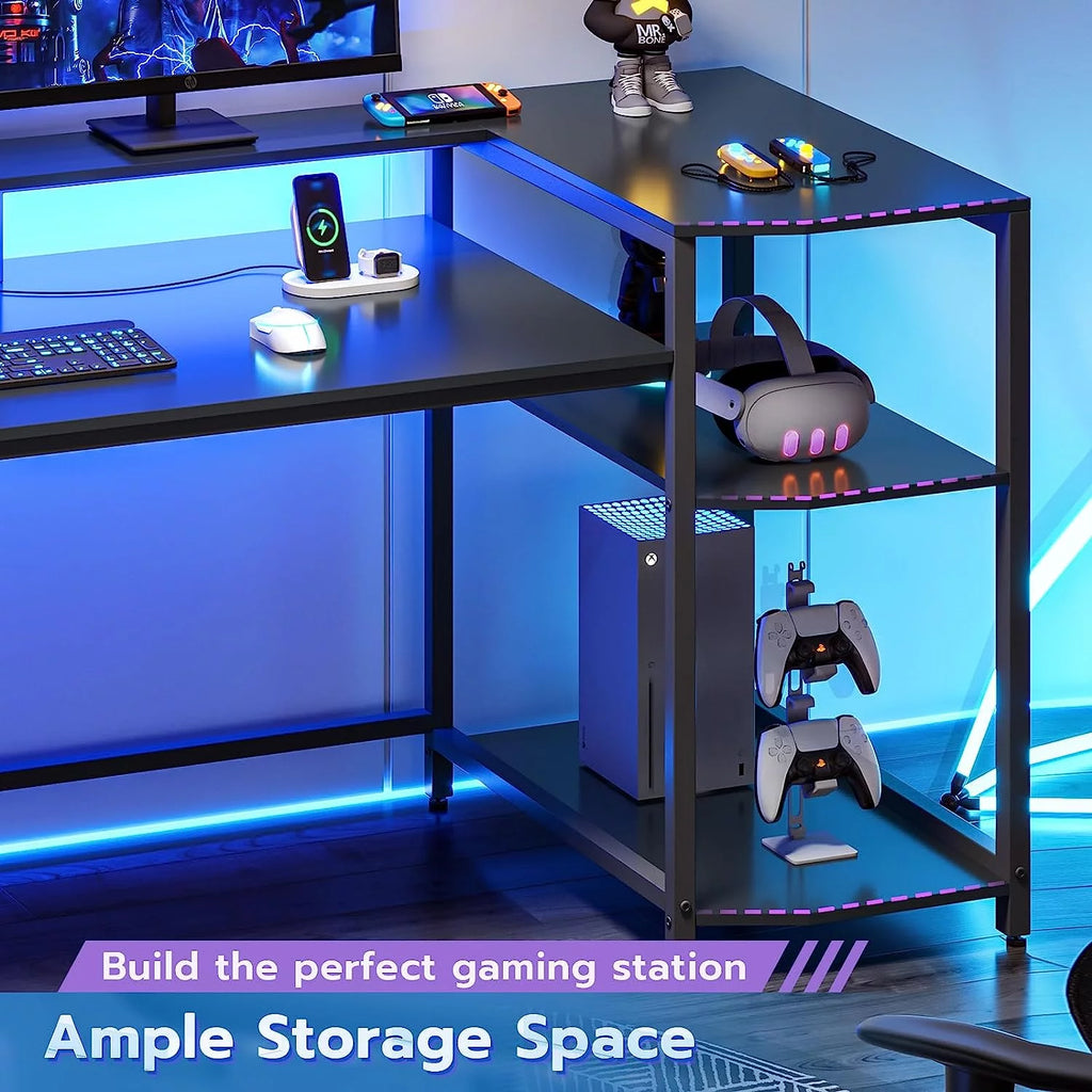 Black Computer Desk with LED Lights and Storage Shelves V94808