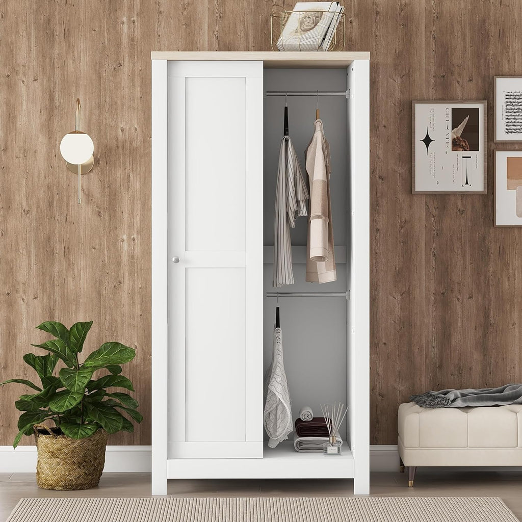 White Wooden Wardrobe Closet with 2 Drawers and Sliding Door W6757