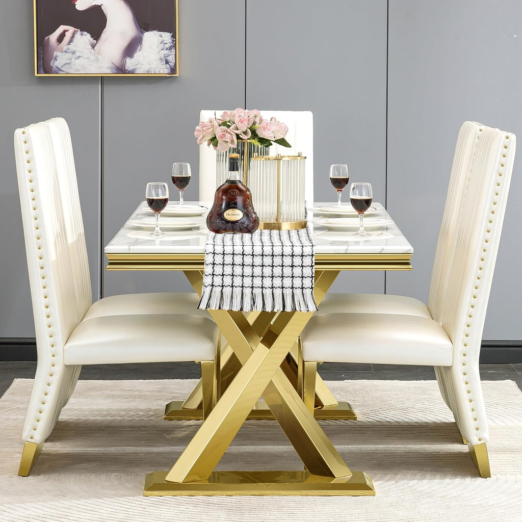 White and Gold 72" Dining Table with Double X-Base M510009