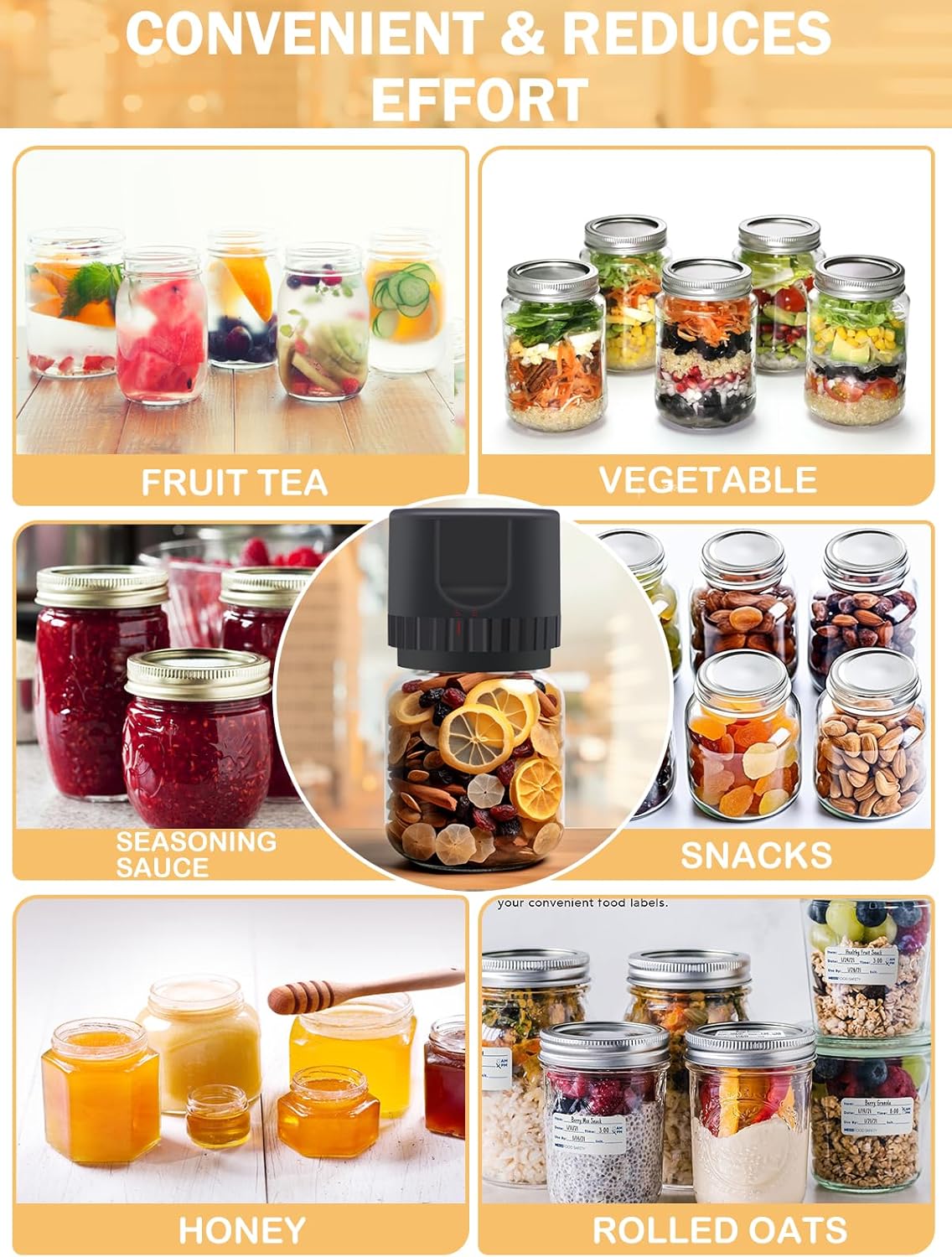 Black Cordless Handheld Mason Jar Vacuum Sealer Kit with Wide & Regular Mouth Lids E168