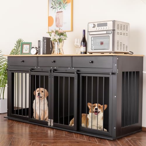 Black 72''W*24''D*35''H Wooden Dog Crate with Room Divider & 3 Drawer Double Doors F488535