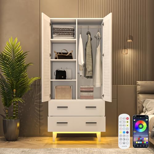 White 3 Door Armoire Wardrobe with Drawers and LED Lights K341