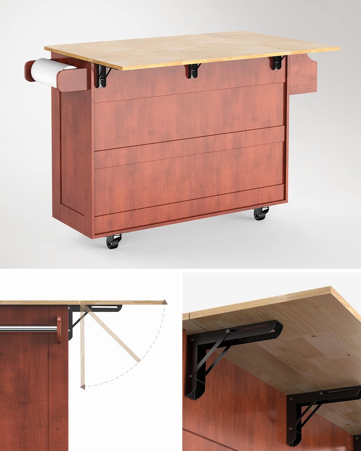 Brown Wood Kitchen Island with Drop Leaf Countertop and Lockable Wheels T721