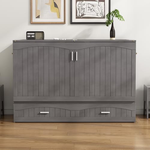 Queen Size Solid Pine Murphy Bed Cabinet with Storage Drawer H455022