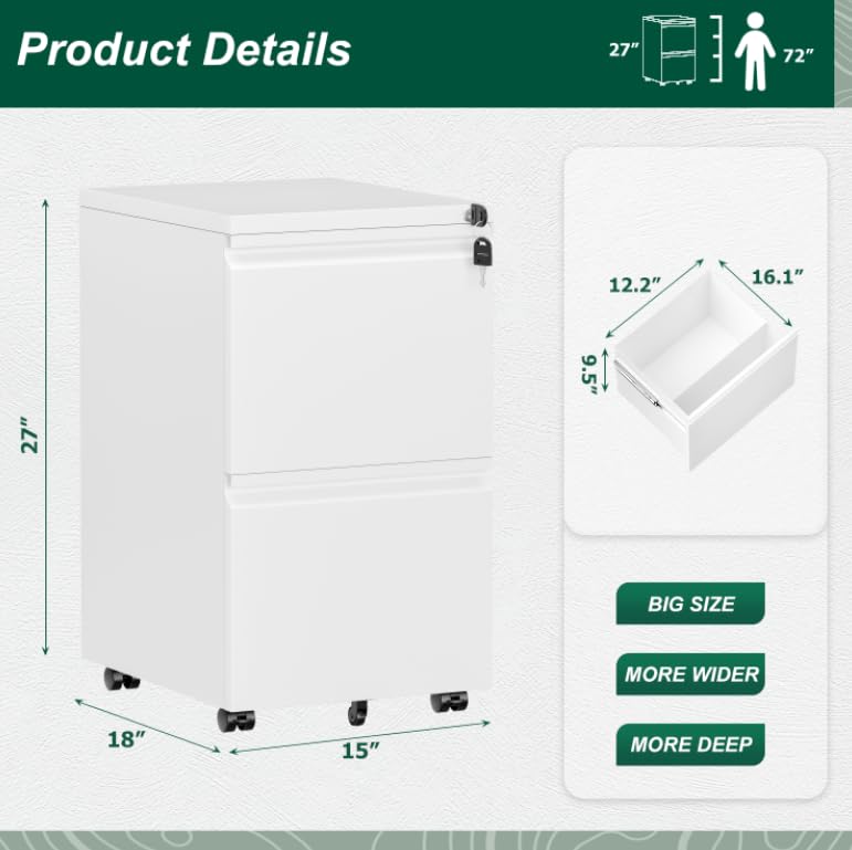 White 2 Drawer Metal Rolling File Cabinet with Lock F33074