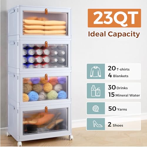 4 Tier Stackable Plastic Storage Bins with Lid and Wheels, 23 QT, Grey J41516