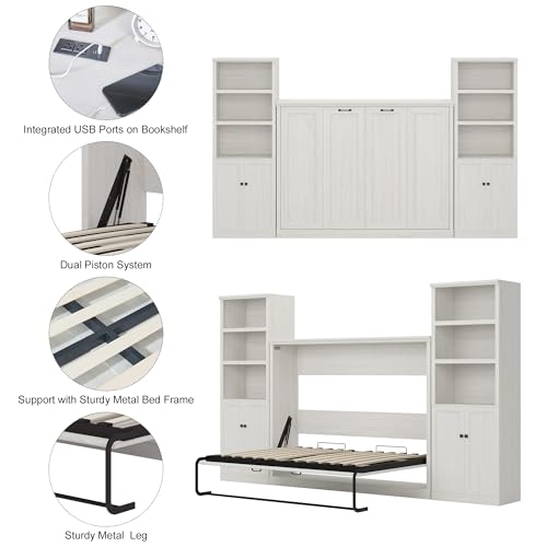 Twin Size Murphy Bed with Storage Bookshelf and USB Charging Station, Folding into a Cabinet, Rustic White H7798