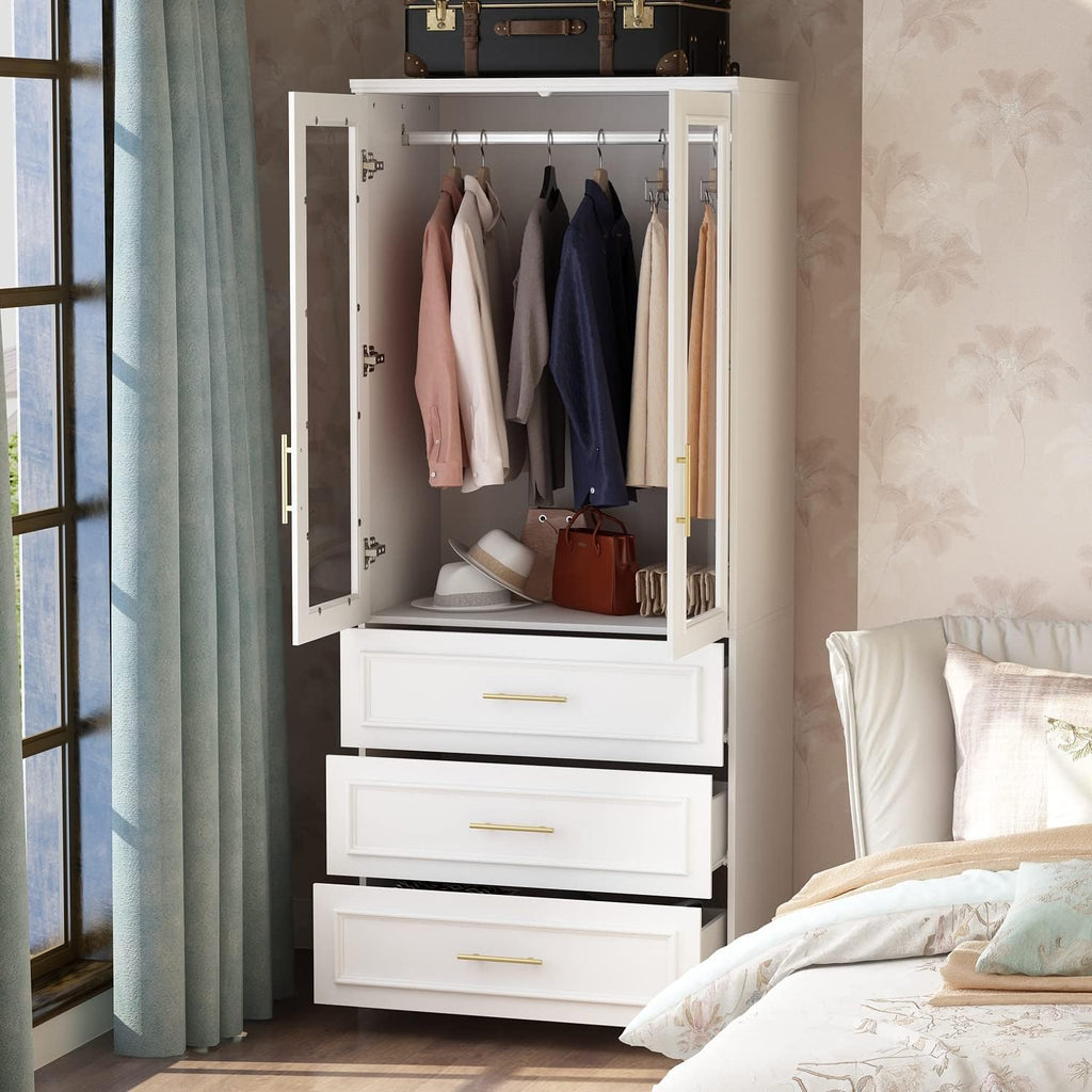 White Wooden Wardrobe Armoire with 2 Glass Doors, 3 Drawers & Hanging Rod P509
