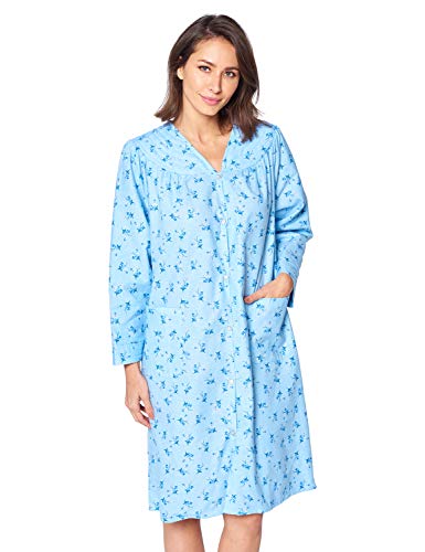 Floral Snap Front Flannel Duster Long Sleeve Lounger Dress U139