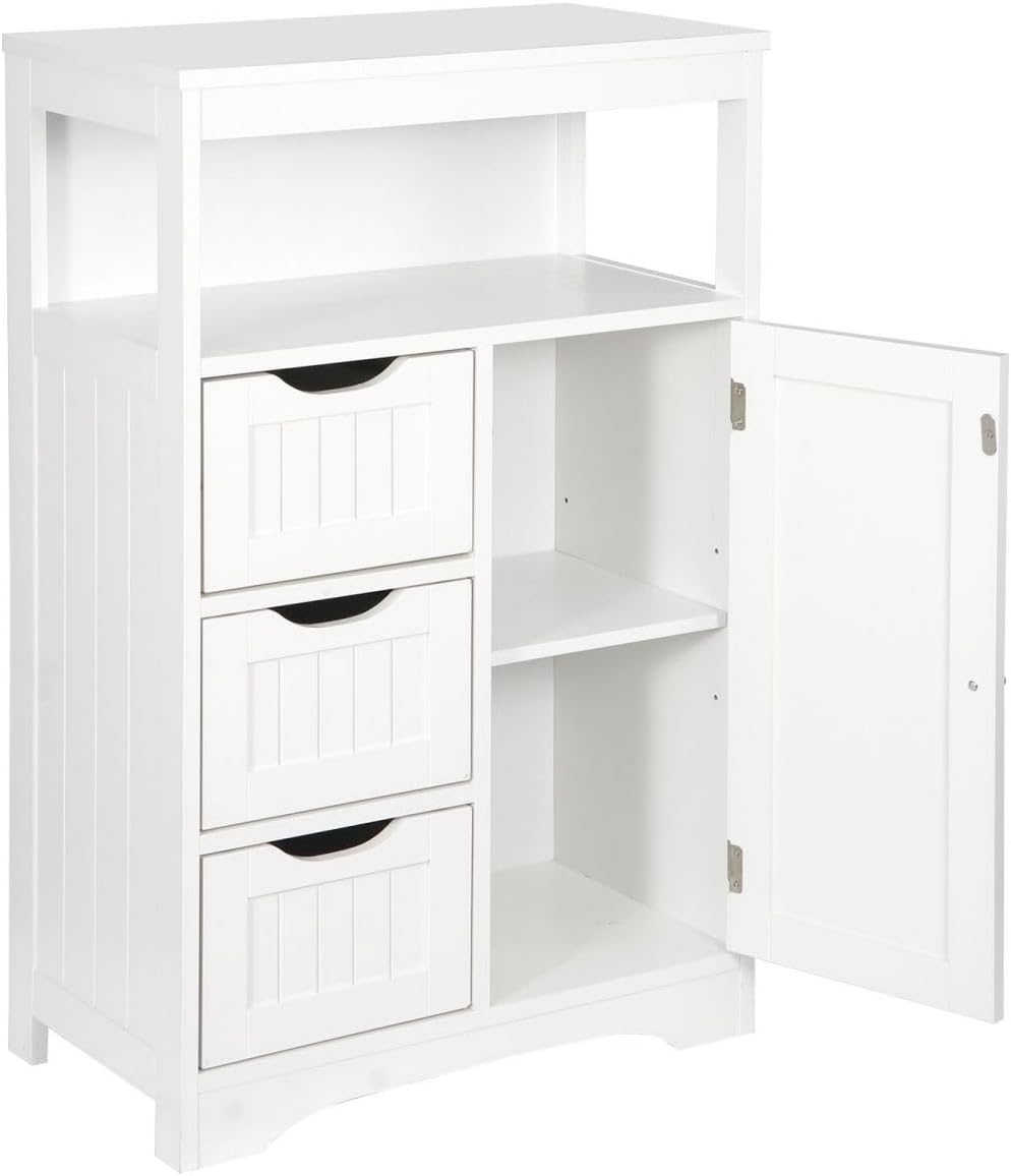 White Wooden Bathroom Floor Cabinet with 1 Door and 3 Drawers Q44508