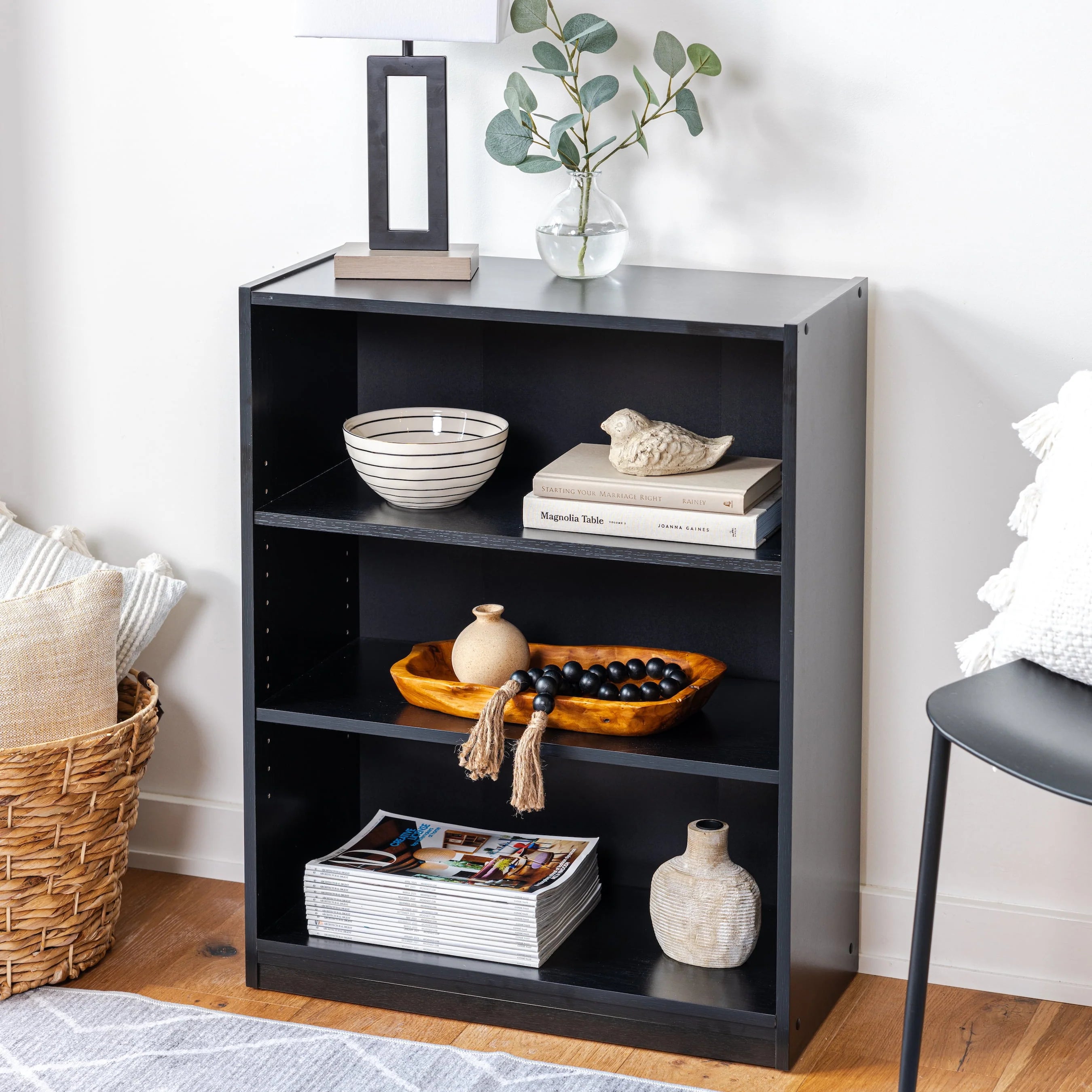 3-Shelf Bookcase with Adjustable Shelves, Black Oak E77347