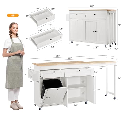 White Mobile Kitchen Island with Extendable Dining Table W872829