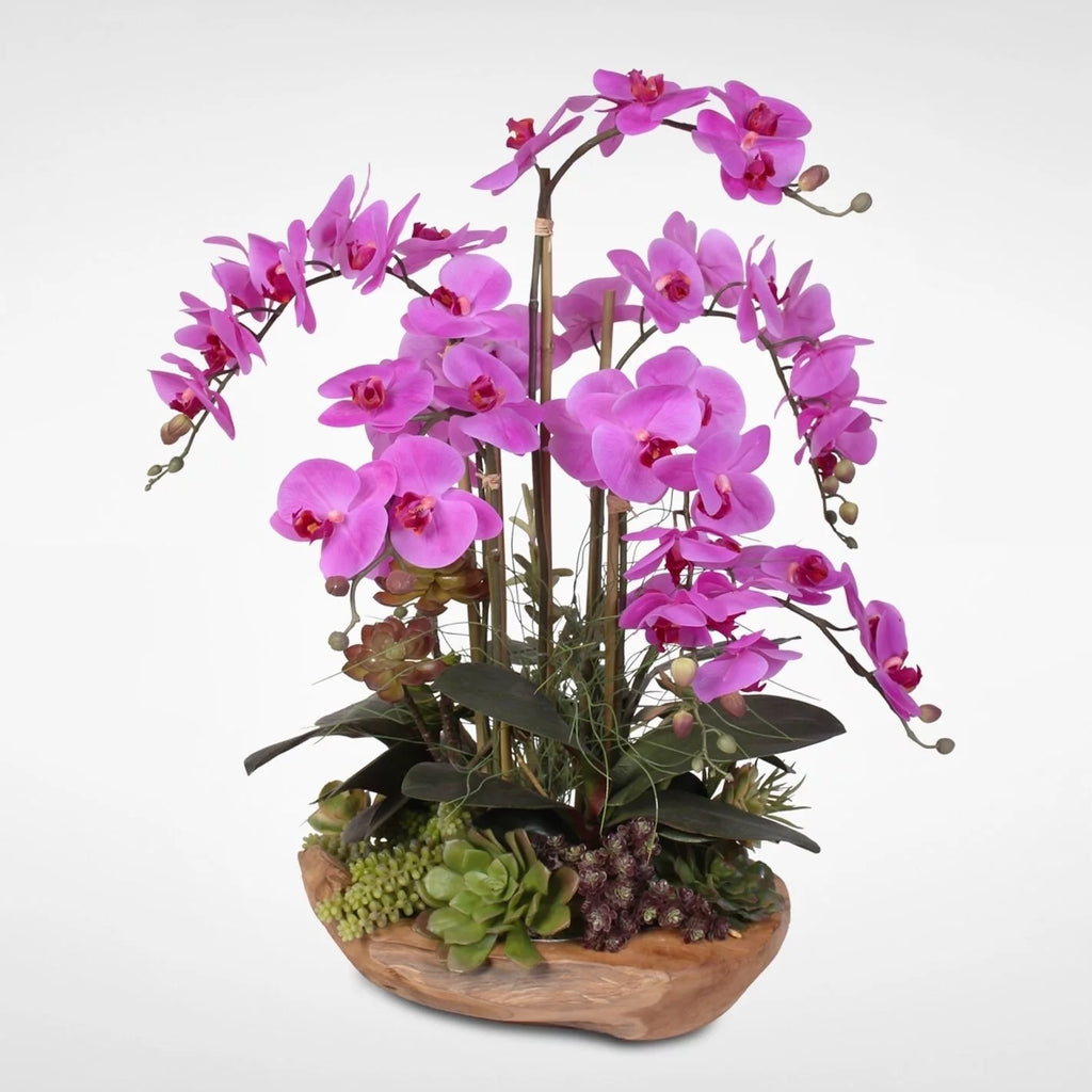 Real Touch 7-stems Silk Orchids in Natural Wood Bowl D8009