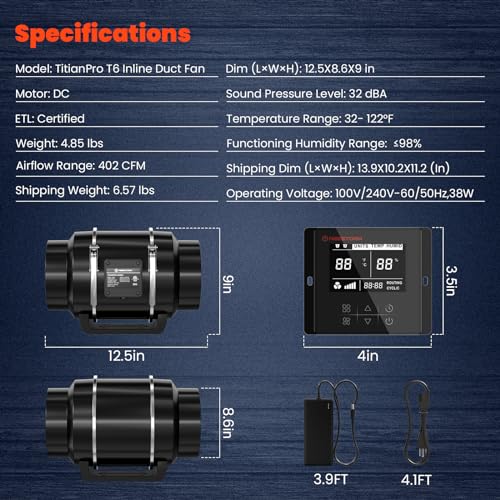 6" Inline Duct Fan, 402 CFM Ventilation Exhaust Fan DC Motor with Manual Controller Z653092