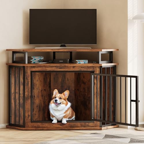 Rustic Brown Corner Wooden Dog Crate with 2-Tier Shelves A389397