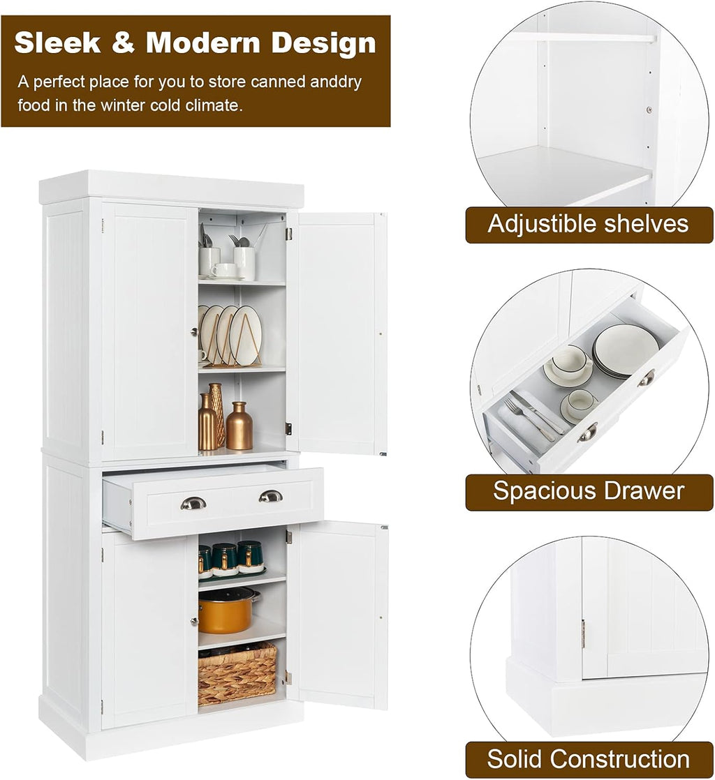 White 72" Tall Wood Pantry Cabinet with Doors and Shelves J689920