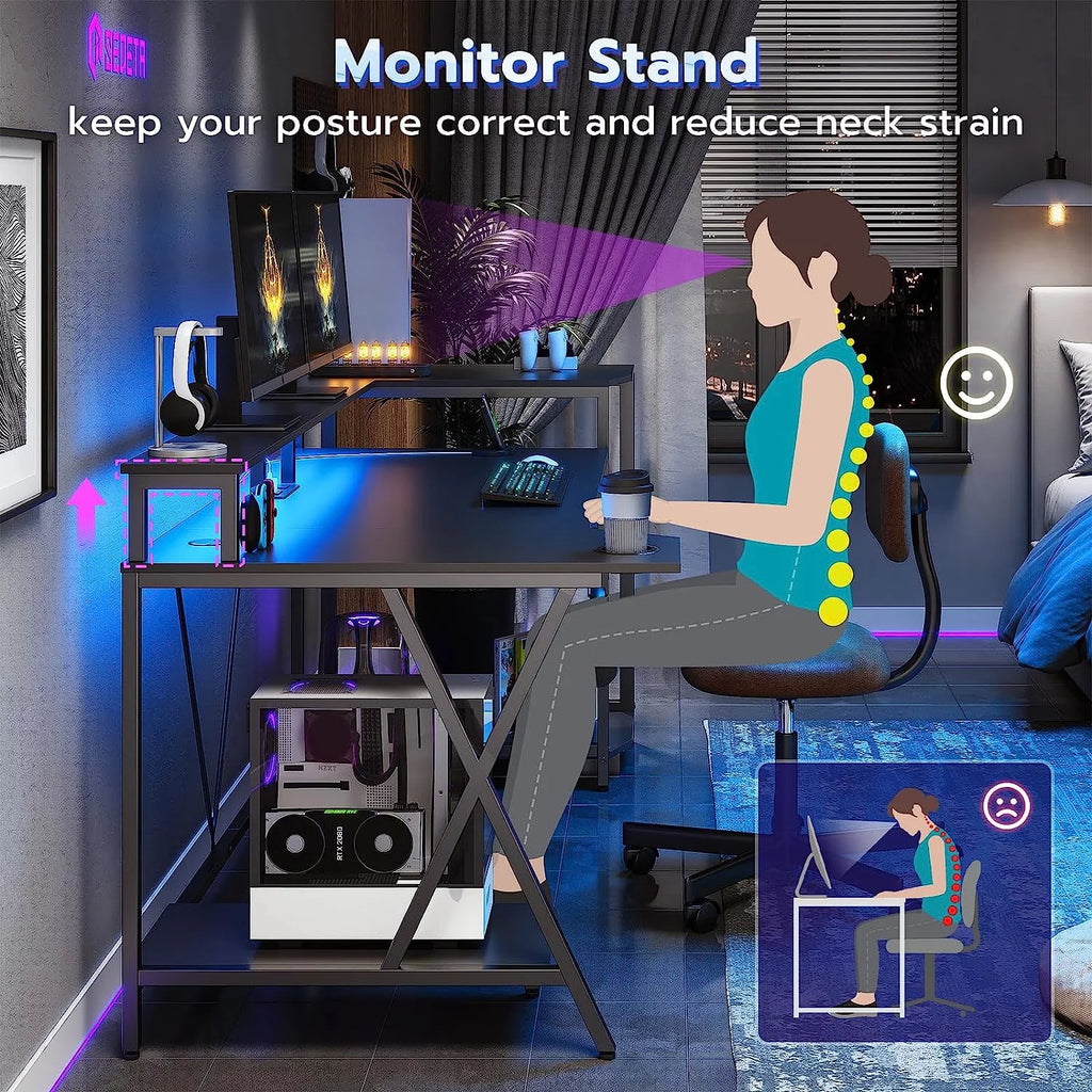 Black Computer Desk with LED Lights and Storage Shelves V94808