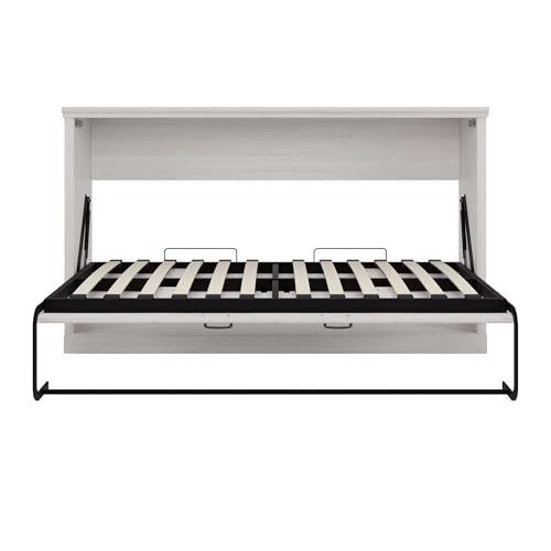 Twin Size Murphy Bed with Storage Bookshelf and USB Charging Station, Folding into a Cabinet, Rustic White H7798
