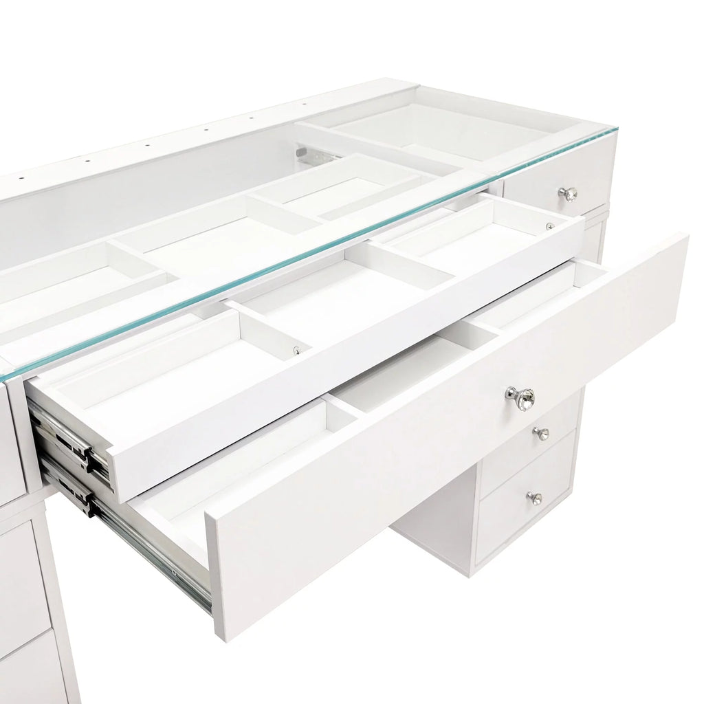 White 10 Drawer Vanity Desk with Glass Tabletop I19889