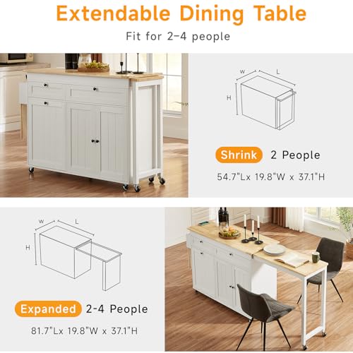 White Mobile Kitchen Island with Extendable Dining Table W872829
