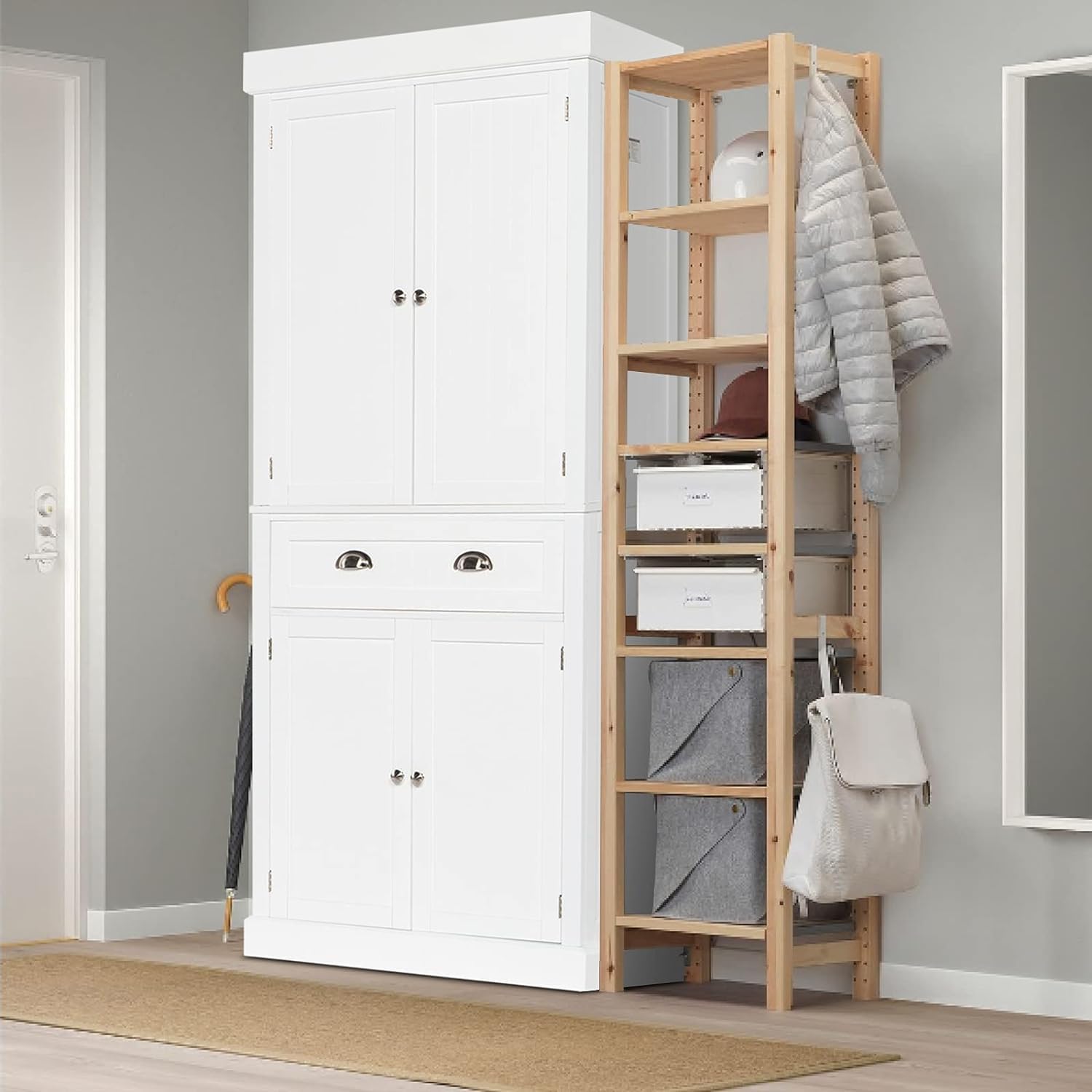 White 72" Tall Wood Pantry Cabinet with Doors and Shelves J689920