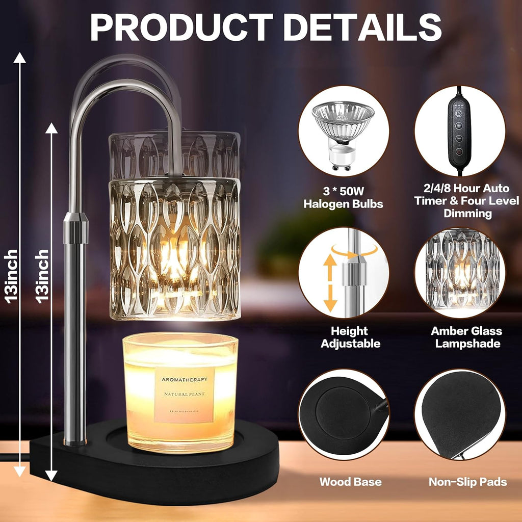 Candle Warmer Lamp with 3 Bulbs, Adjustable Height Dimmable Timer Black Z527
