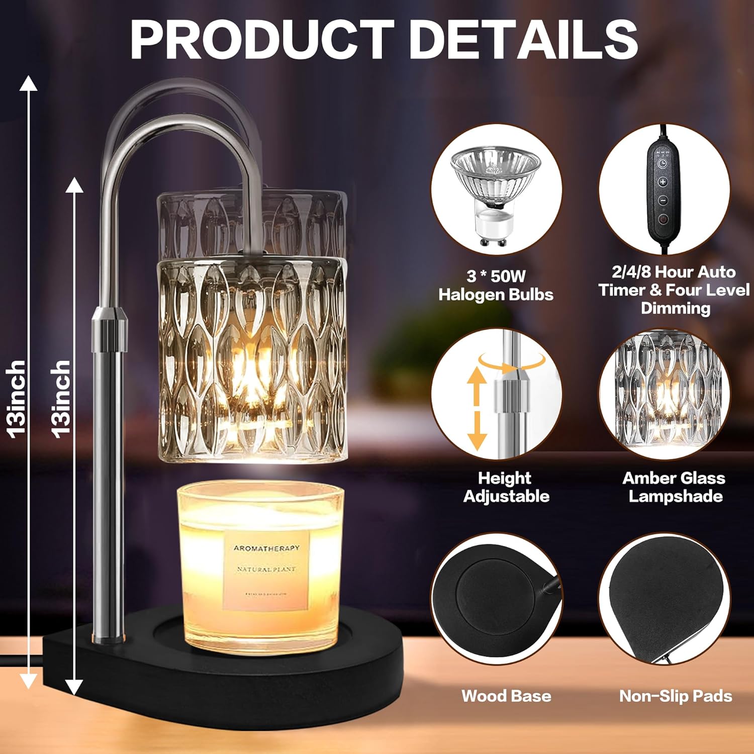 Candle Warmer Lamp with 3 Bulbs, Adjustable Height Dimmable Timer Black Z527
