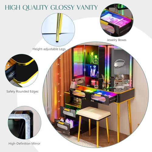 Black LED Vanity Desk with Mirror and Lights and Charging Station O28295