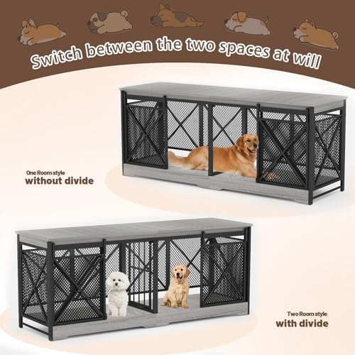 Grey Extra Large Double Dog Crate Furniture with Removable Divider Z799