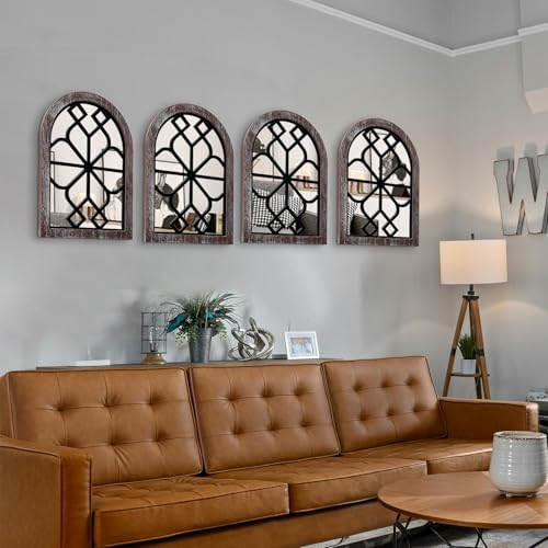 4 Set Arched Window Mirror Wall Decor, Wood Framed Distressed White S11319