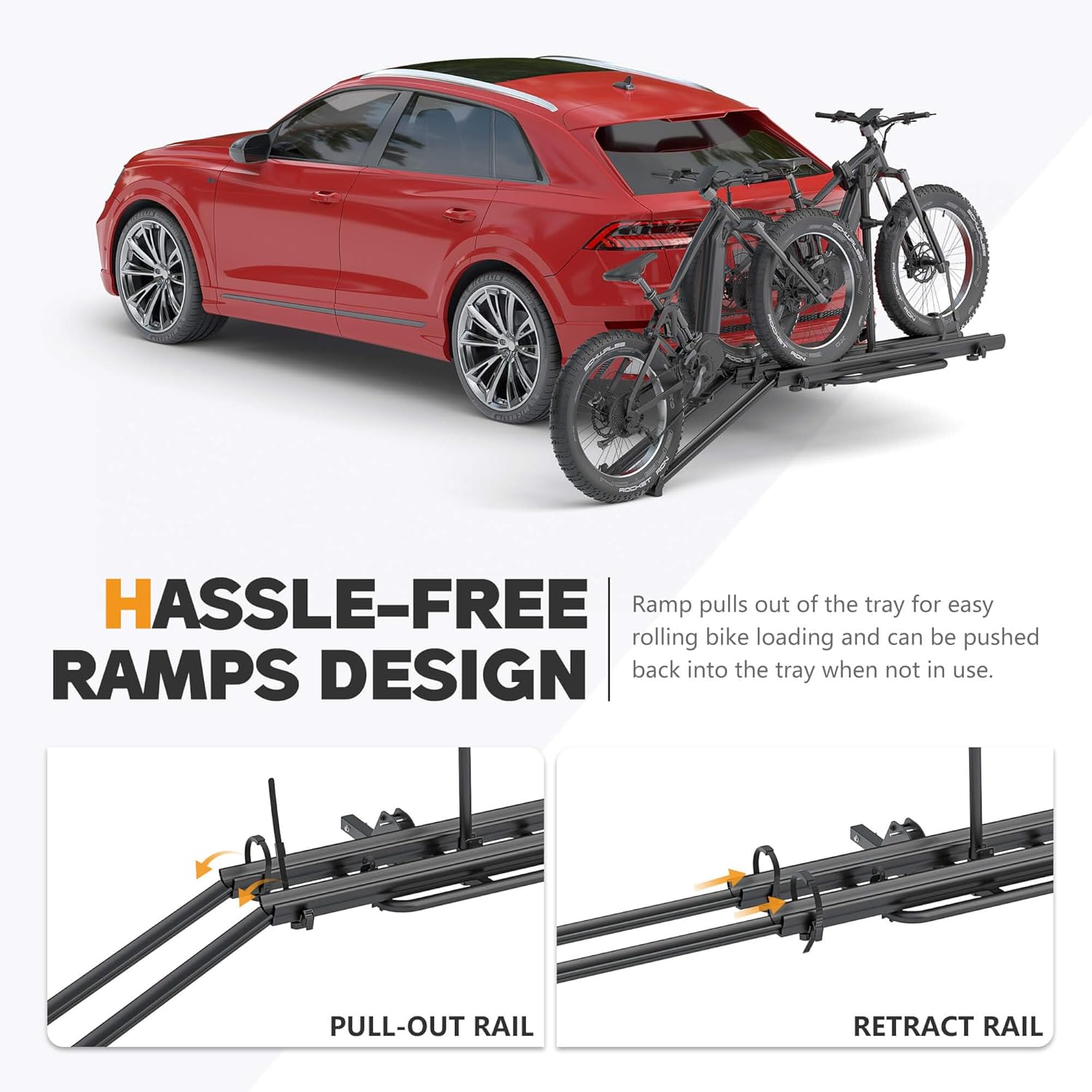 2'' Hitch Mounted Lockable Bike Rack with Ramp, 200lbs Capacity Foldable Platform B2537