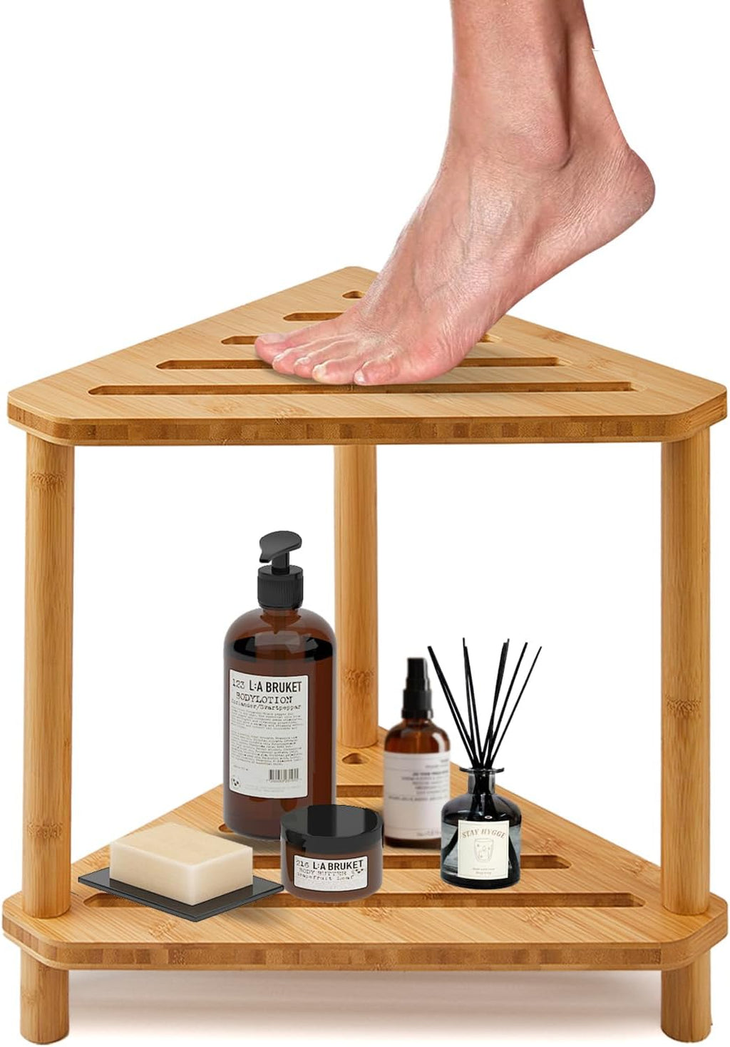 Bamboo Corner Shower Stool with Storage Shelf W221956
