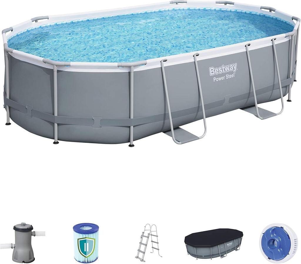 Oval Frame Swimming Pool Set Dark Grey 488 x 305 x 107 cm with Filter Pump Y53532