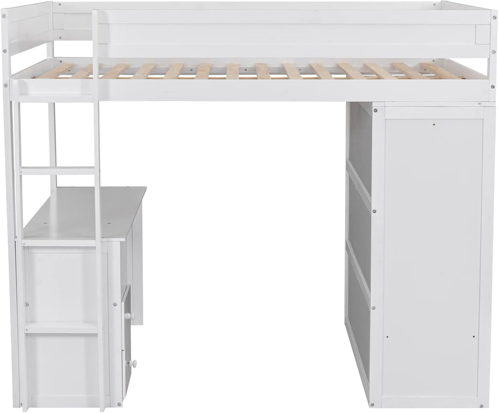 White Full Loft Bed with Wardrobe and Desk and Storage Drawers A918